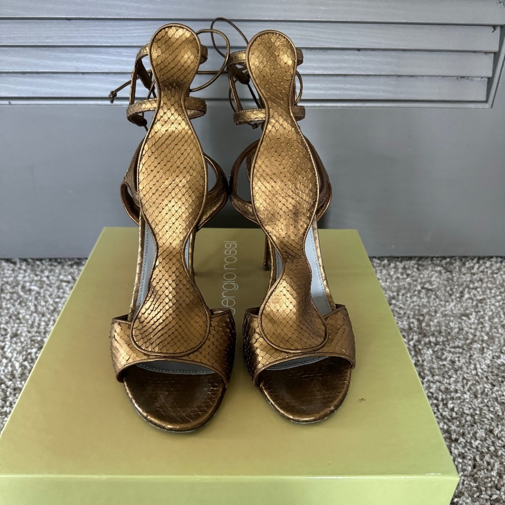 Sergio Rossi Grecian ankle wrap snake embossed bronze leather stiletto Sz39/9